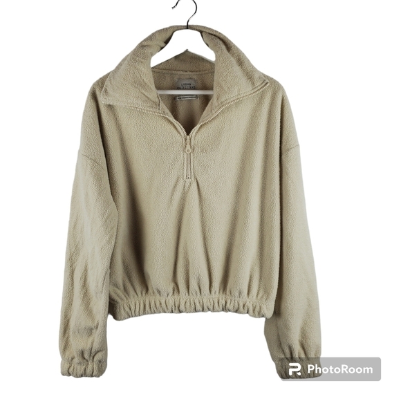 Urban Outfitters 1/2 zip Sweater Medium Beige Fleece‎ Cropped Elastic Waist - Picture 1 of 12